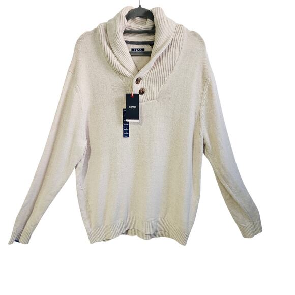 Izod Men's Size L Shawl Collar Pullover Sweater Tan Button Front Academia NWT - Picture 1 of 8